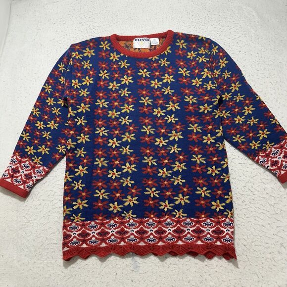 Vintage YOYO Adult Small Crewneck Pullover Sweater Acrylic Knit Floral Pattern - Picture 1 of 12